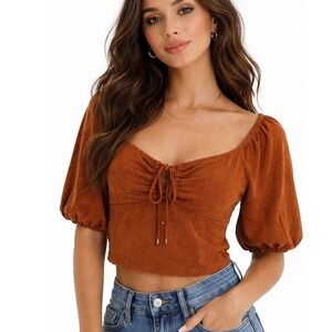 Rue Sophie Bronze Sparkle Knit Top Ruched Crop Top L